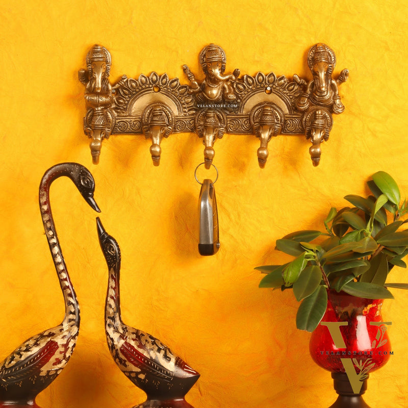 Brass Lord Ganesha Musicians Key Holder with Five Hooks 10"