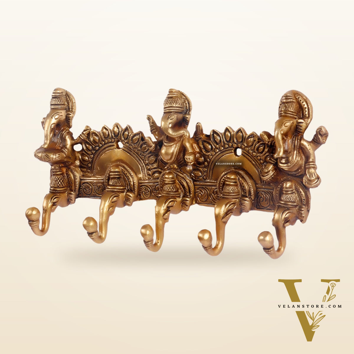 Brass Lord Ganesha Musicians Key Holder with Five Hooks 10"