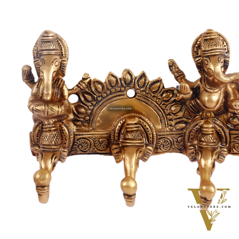 Brass Lord Ganesha Musicians Key Holder with Five Hooks 10"