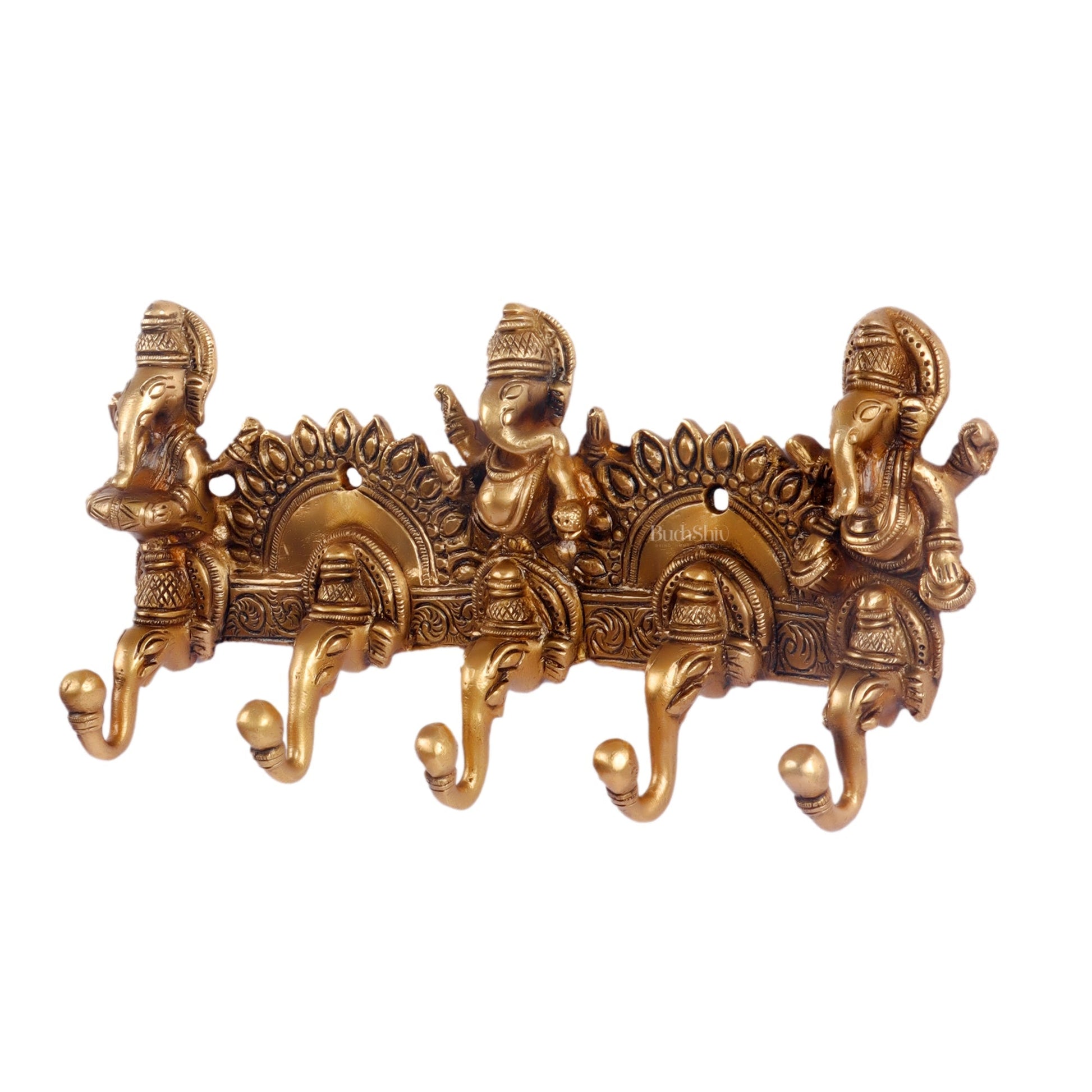 Brass Lord Ganesha Musicians Key Holder with Five Hooks 10"
