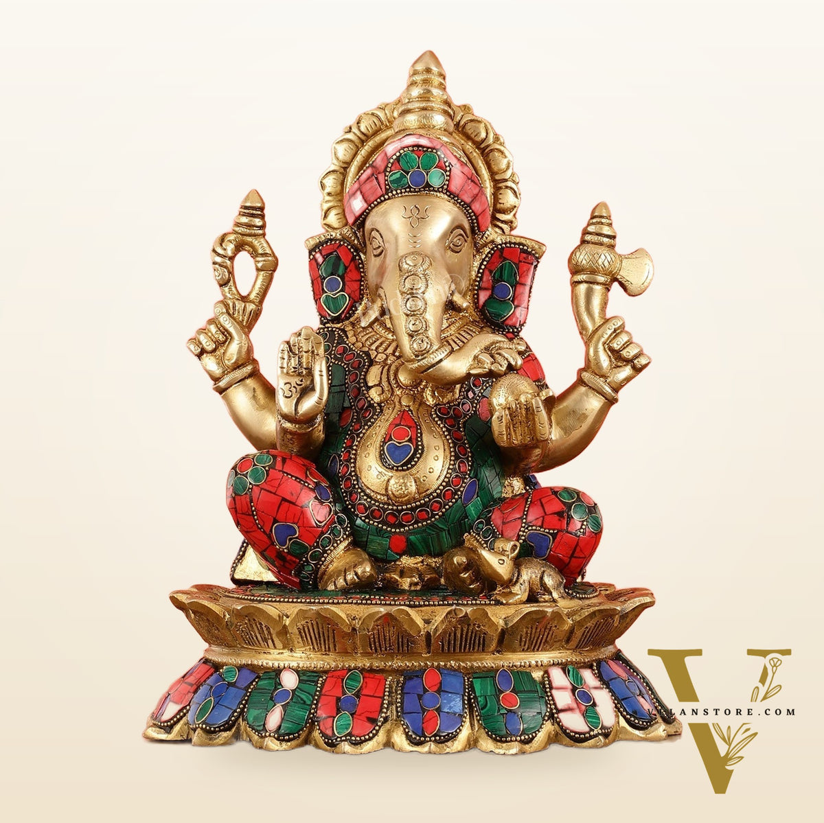 Brass Lord Ganesha on Lotus Idol - 11 Inch