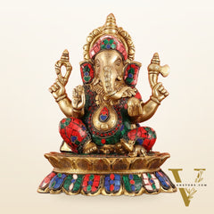 Brass Lord Ganesha on Lotus Idol - 11 Inch