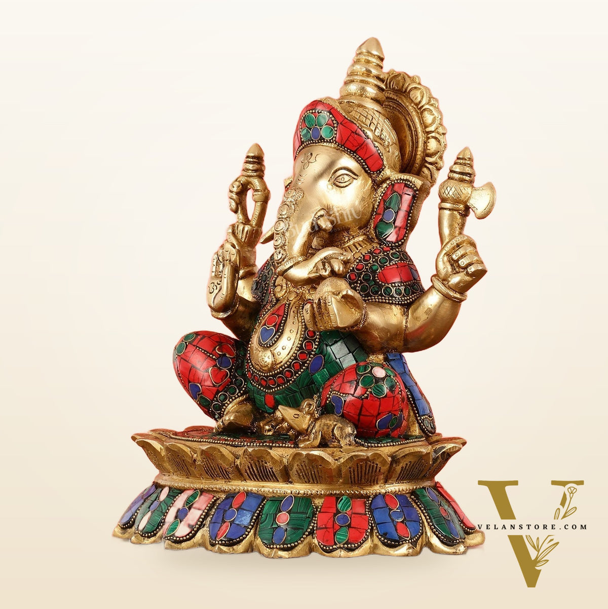 Brass Lord Ganesha on Lotus Idol - 11 Inch