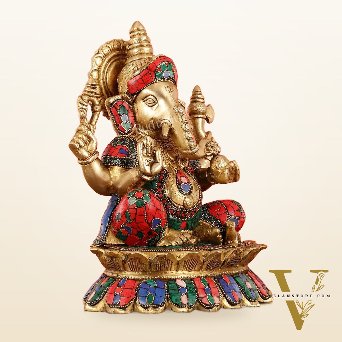 Brass Lord Ganesha on Lotus Idol - 11 Inch