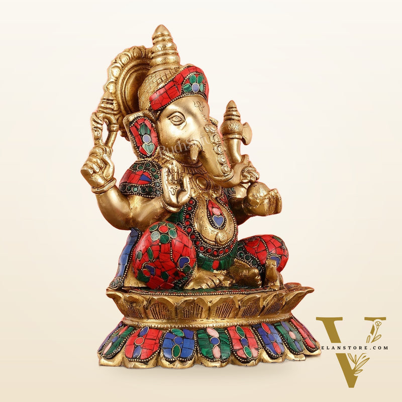 Brass Lord Ganesha on Lotus Idol - 11 Inch