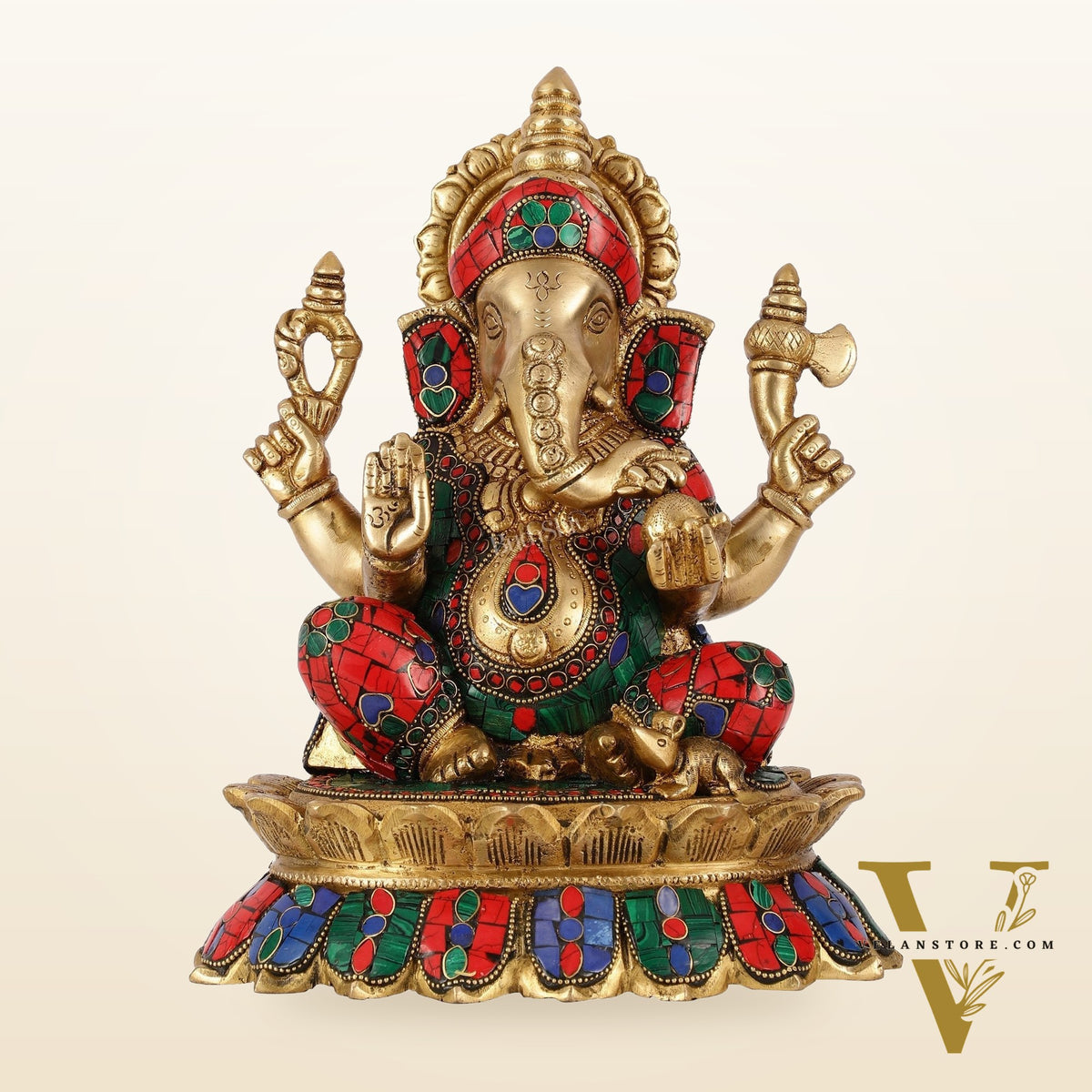 Brass Lord Ganesha on Lotus Idol - 11 Inch