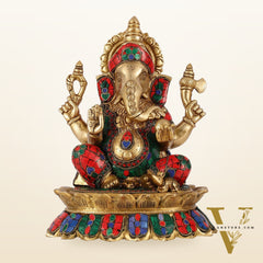 Brass Lord Ganesha on Lotus Idol - 11 Inch