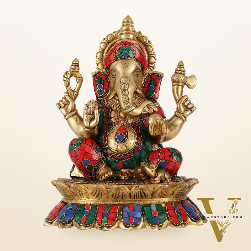Brass Lord Ganesha on Lotus Idol - 11 Inch