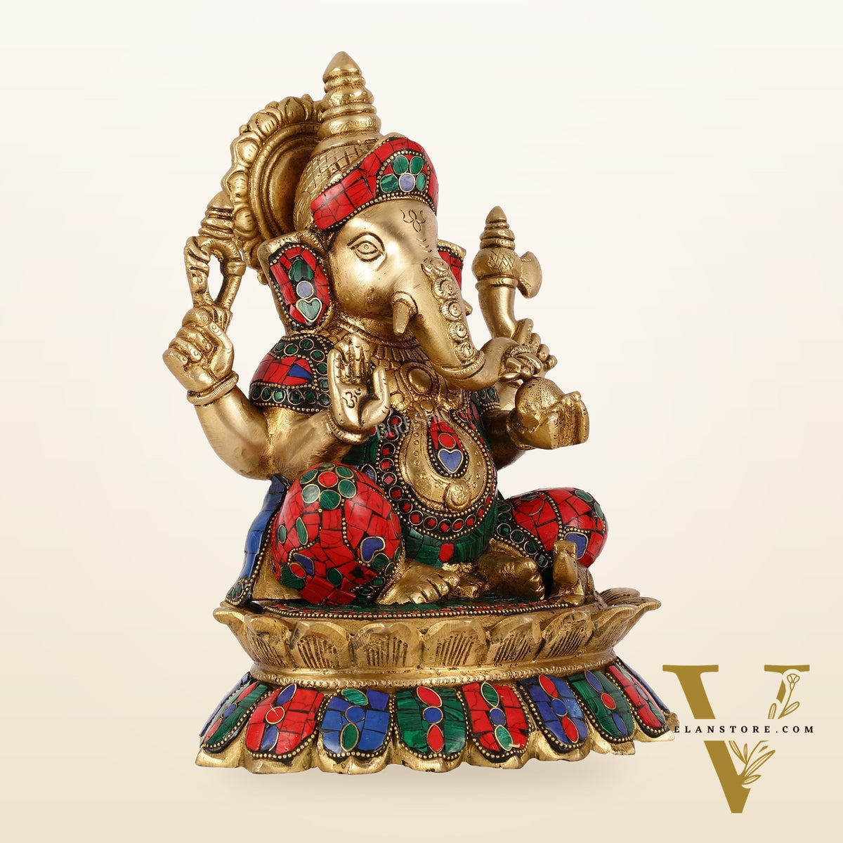Brass Lord Ganesha on Lotus Idol - 11 Inch