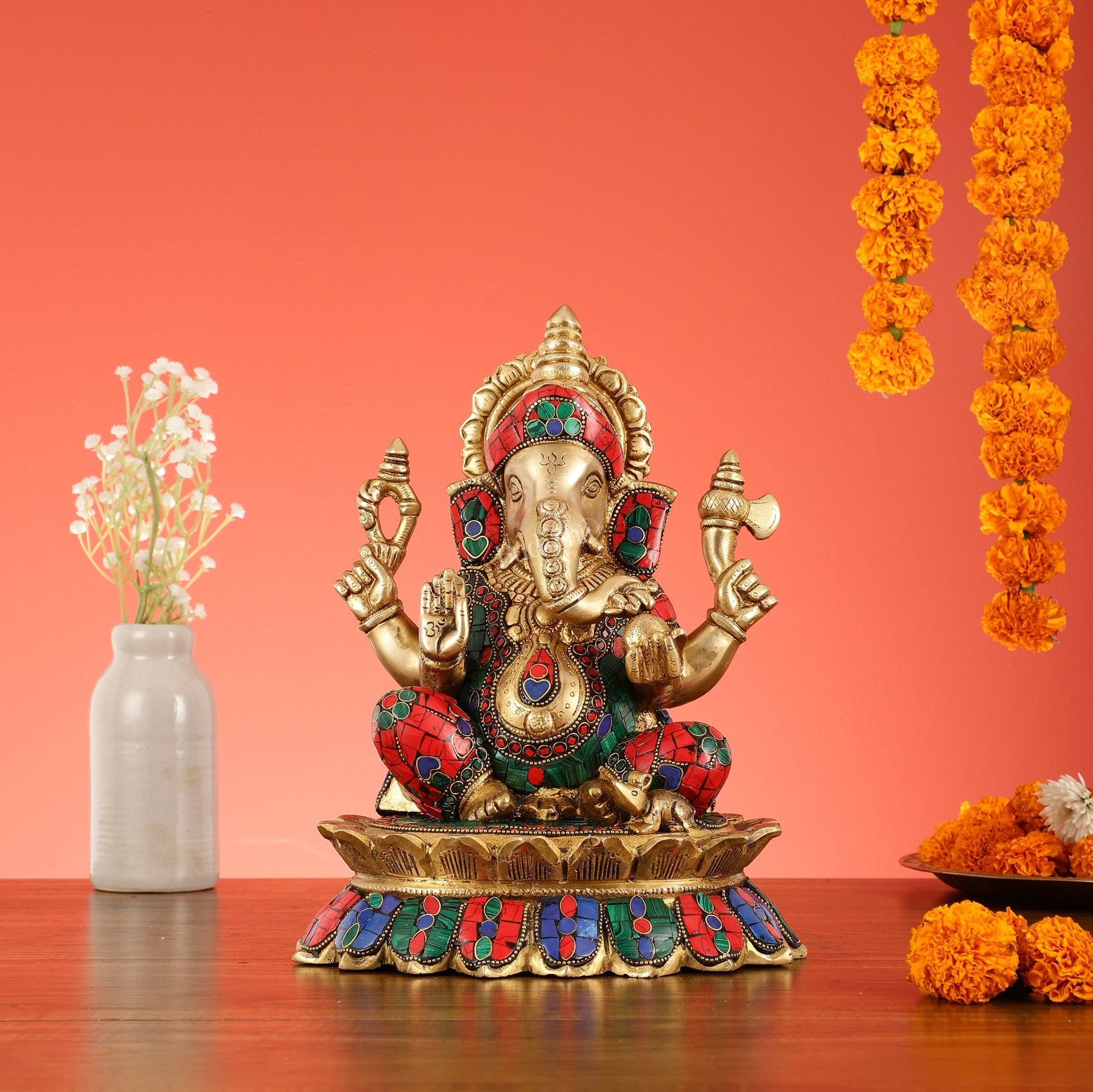 Brass Lord Ganesha on Lotus Idol - 11 Inch
