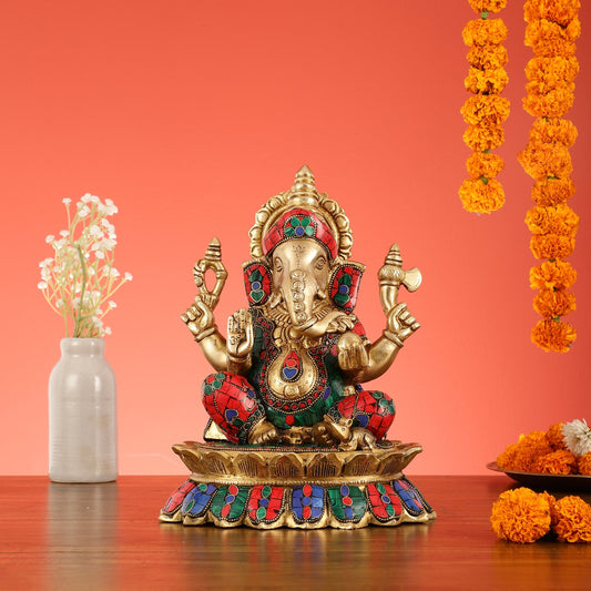 Brass Lord Ganesha on Lotus Idol - 11 Inch