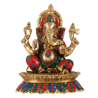 Brass Lord Ganesha on Lotus Idol - 11 Inch