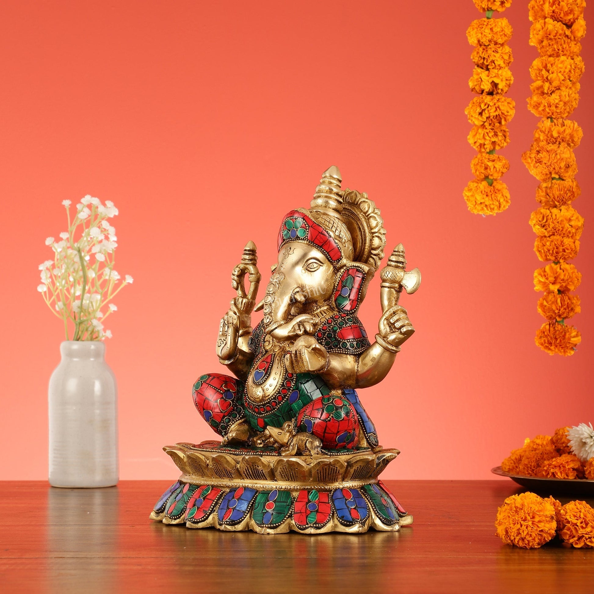 Brass Lord Ganesha on Lotus Idol - 11 Inch