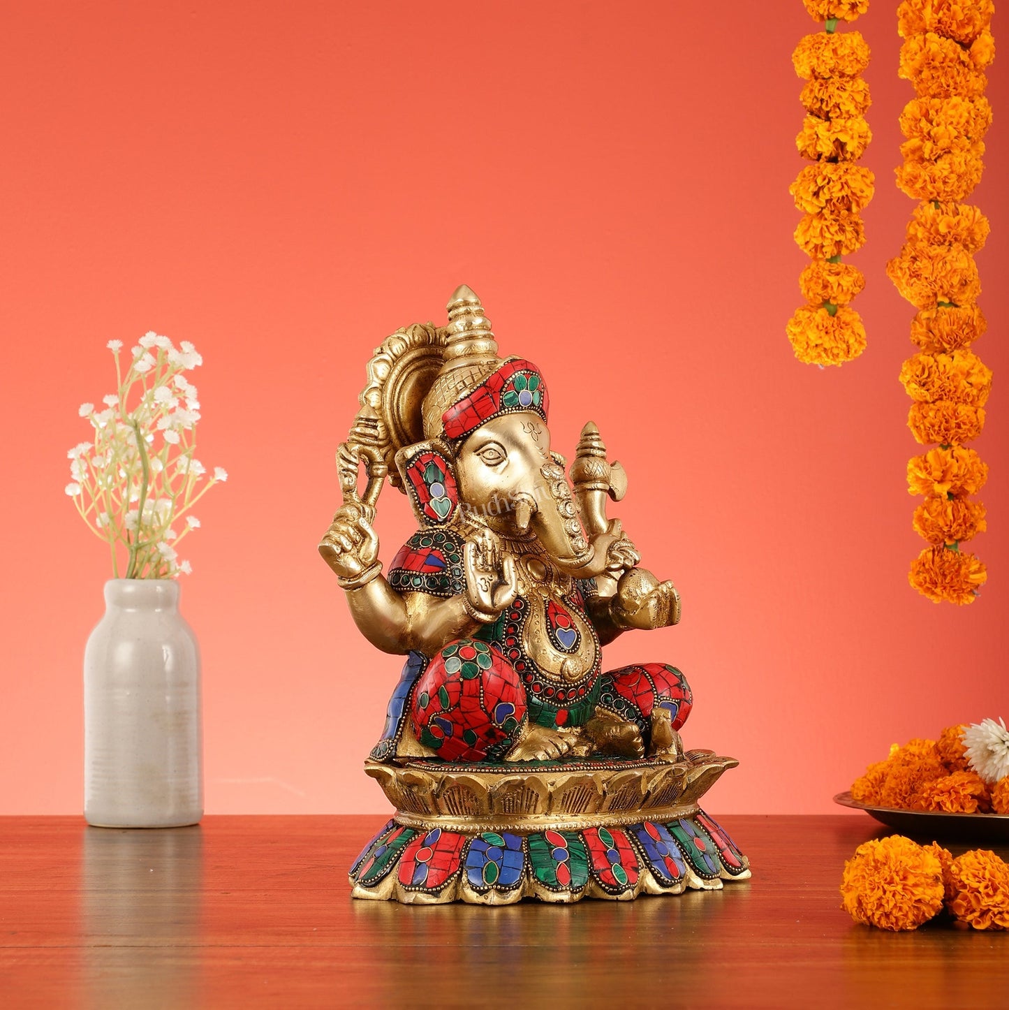 Brass Lord Ganesha on Lotus Idol - 11 Inch