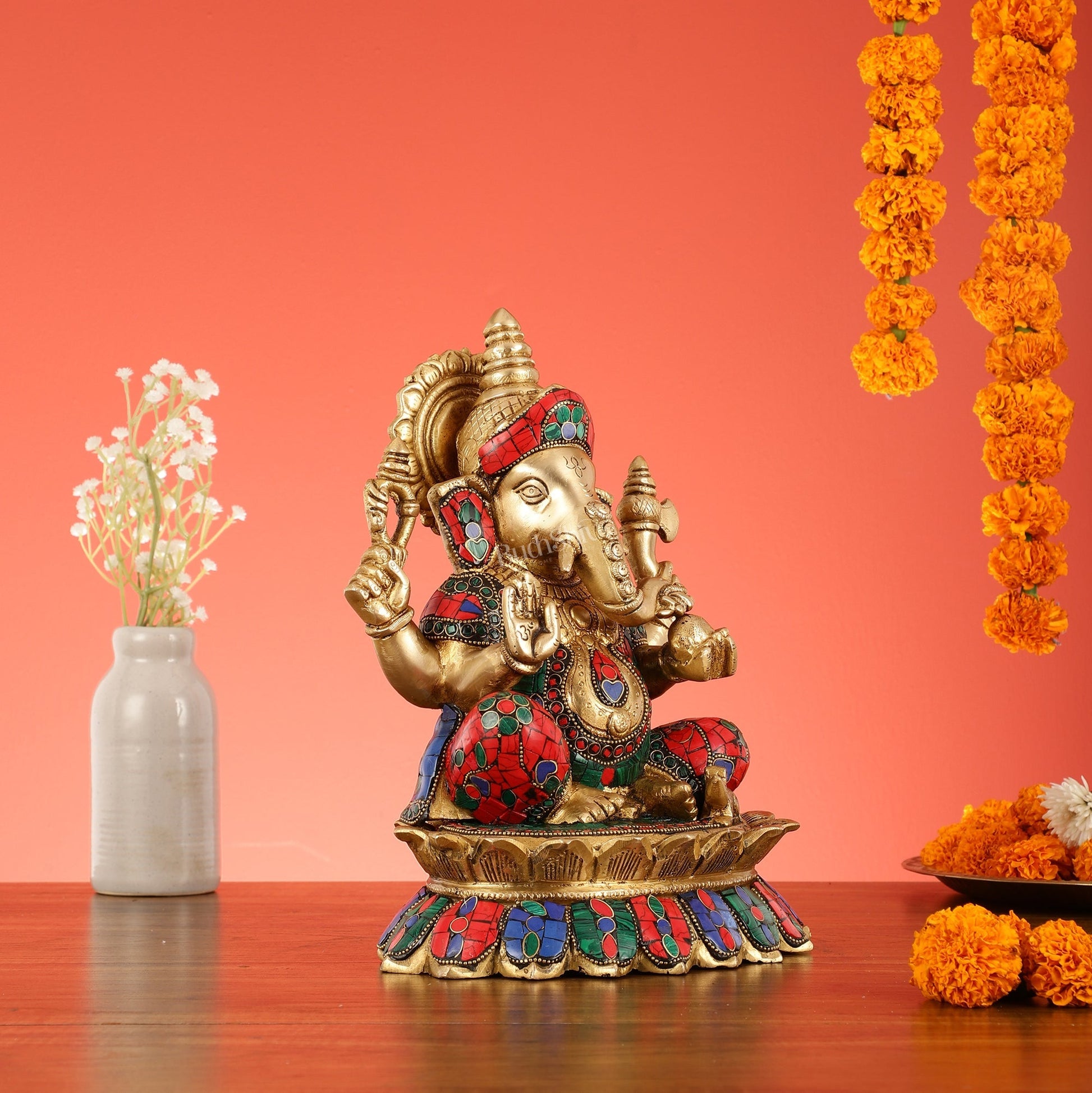 Brass Lord Ganesha on Lotus Idol - 11 Inch