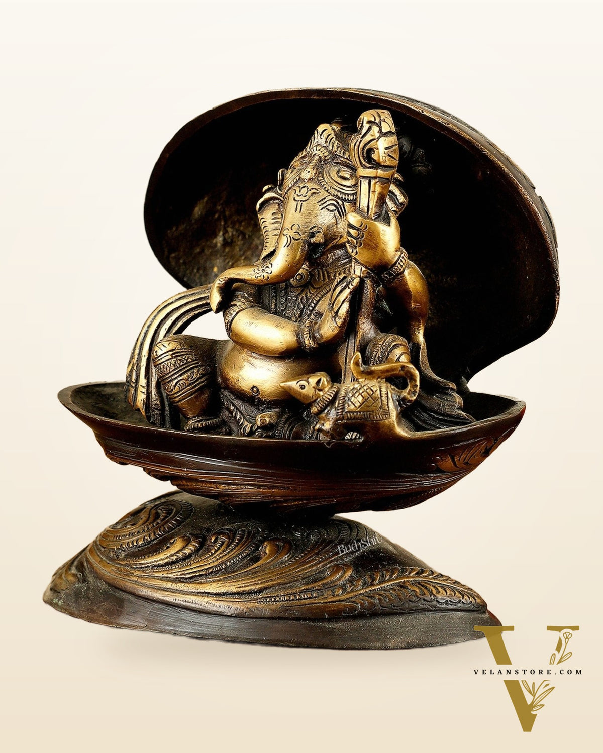 Brass Lord Ganesha Playing Veena Inside Shell – 7”