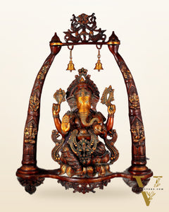 Brass Lord Ganesha Sculpture with Engraved temple Pillars - 35 Inch