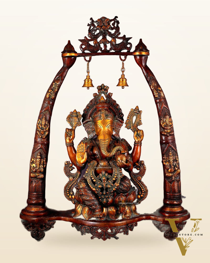 Brass Lord Ganesha Sculpture with Engraved temple Pillars - 35 Inch