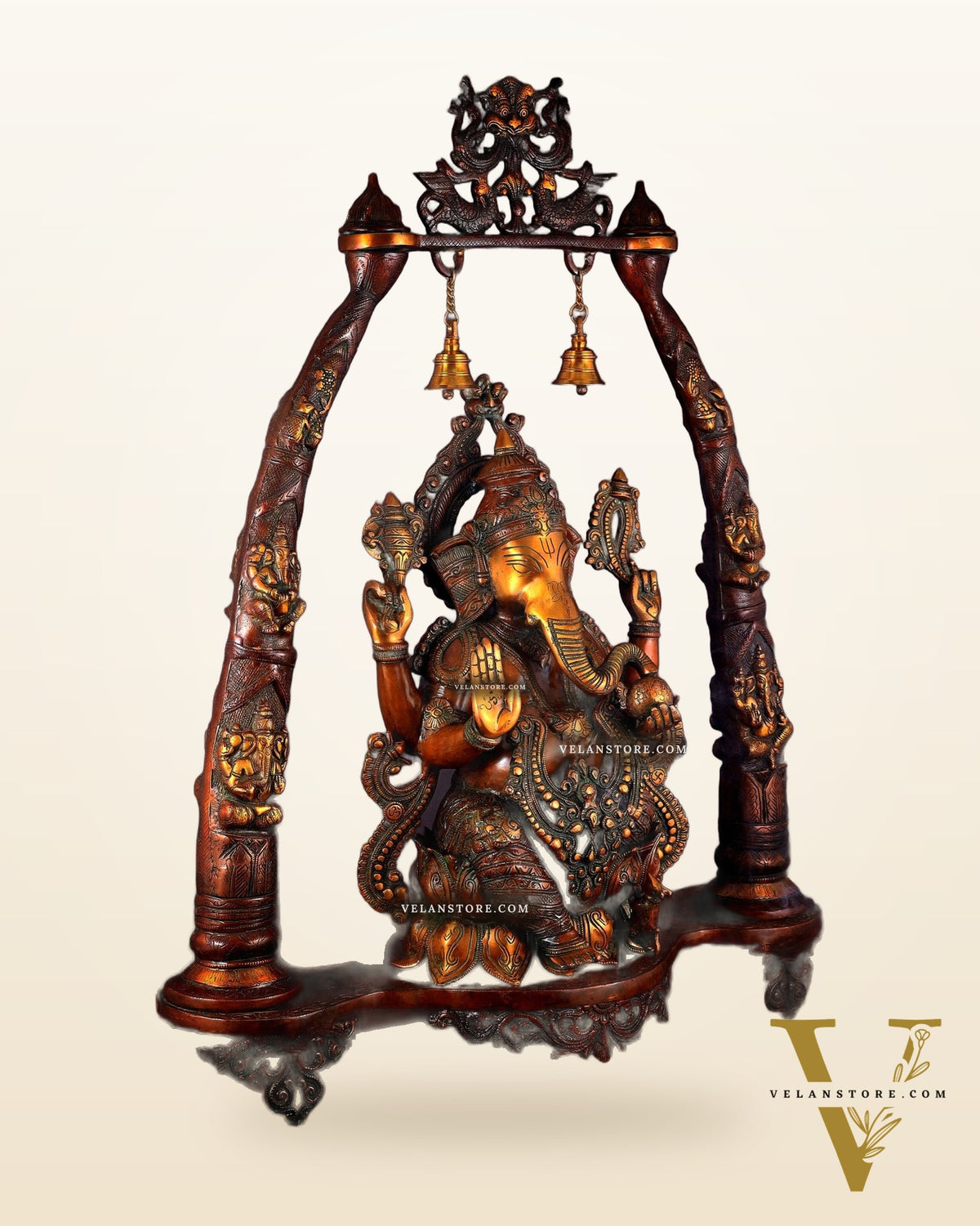 Brass Lord Ganesha Sculpture with Engraved temple Pillars - 35 Inch