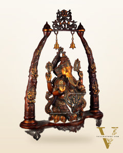 Brass Lord Ganesha Sculpture with Engraved temple Pillars - 35 Inch