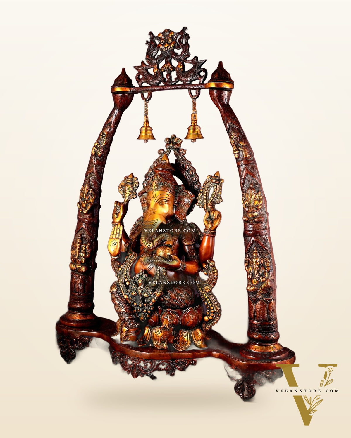 Brass Lord Ganesha Sculpture with Engraved temple Pillars - 35 Inch