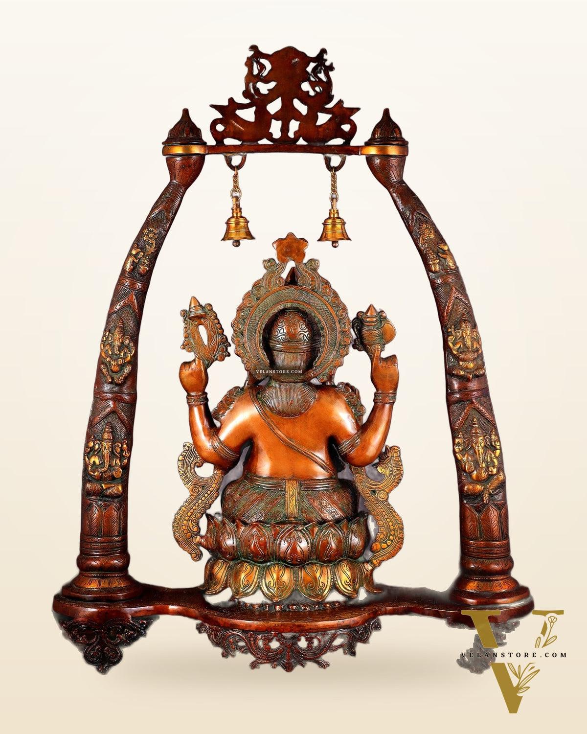 Brass Lord Ganesha Sculpture with Engraved temple Pillars - 35 Inch