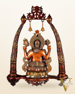 Brass Lord Ganesha Sculpture with Engraved temple Pillars - 35 Inch