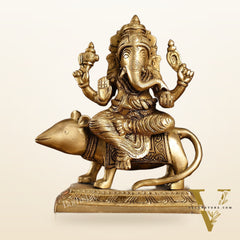 Brass Lord Ganesha Seated on a Mouse Idol | Height 7 inch