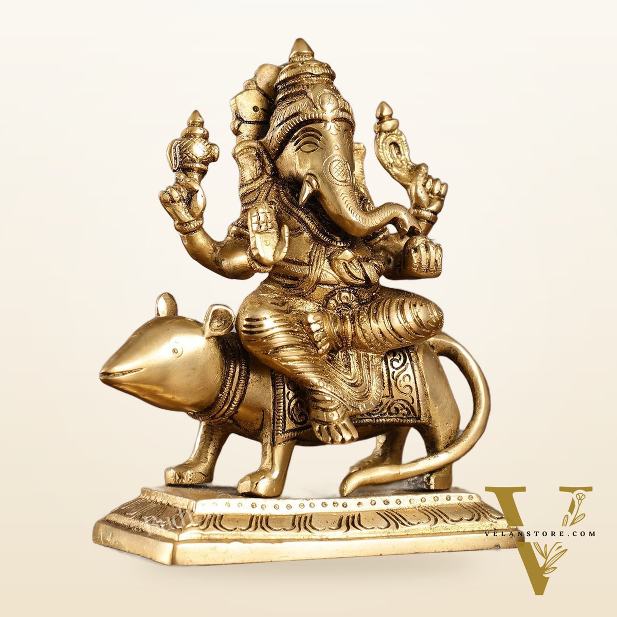 Brass Lord Ganesha Seated on a Mouse Idol | Height 7 inch