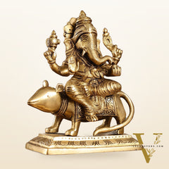 Brass Lord Ganesha Seated on a Mouse Idol | Height 7 inch