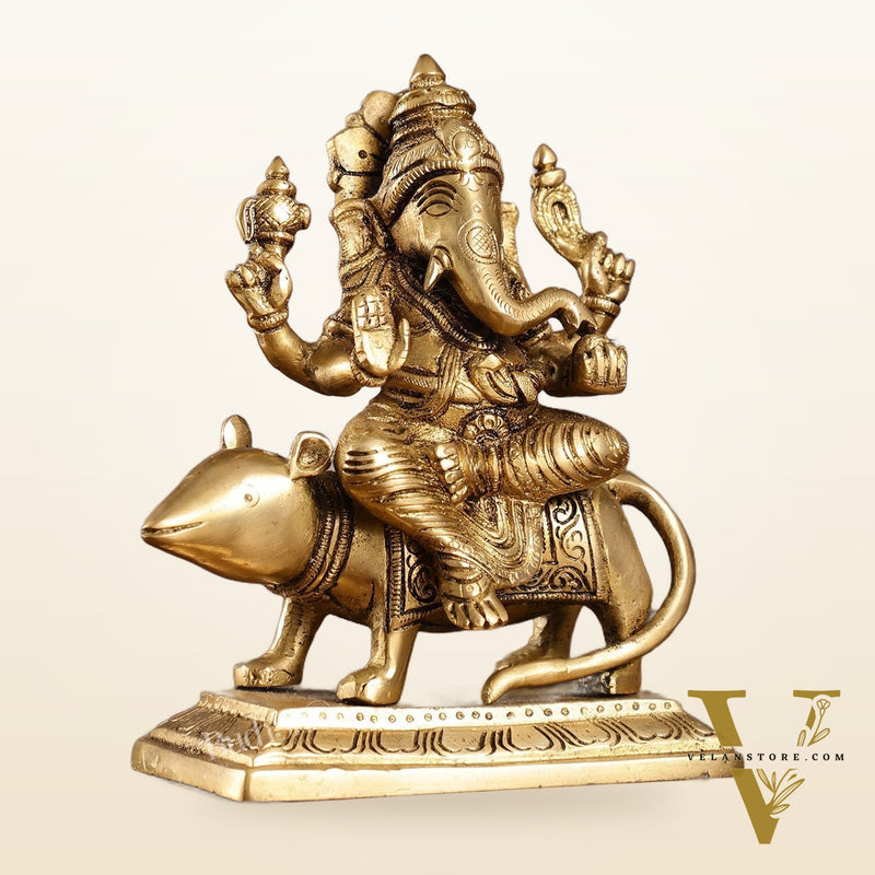 Brass Lord Ganesha Seated on a Mouse Idol | Height 7 inch