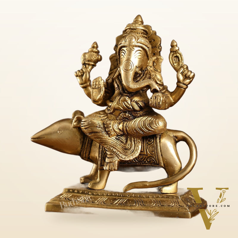 Brass Lord Ganesha Seated on a Mouse Idol | Height 7 inch