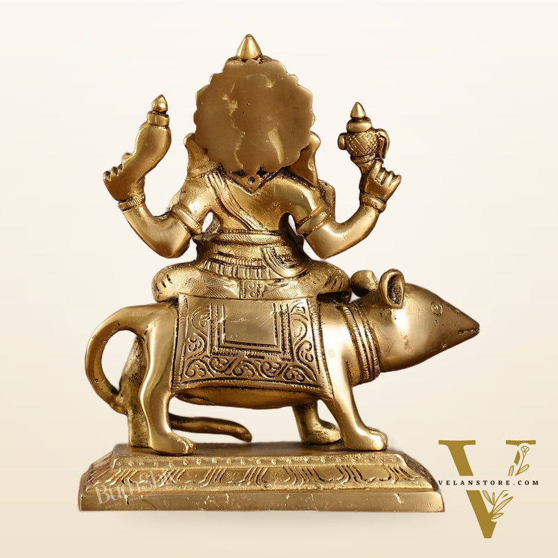 Brass Lord Ganesha Seated on a Mouse Idol | Height 7 inch