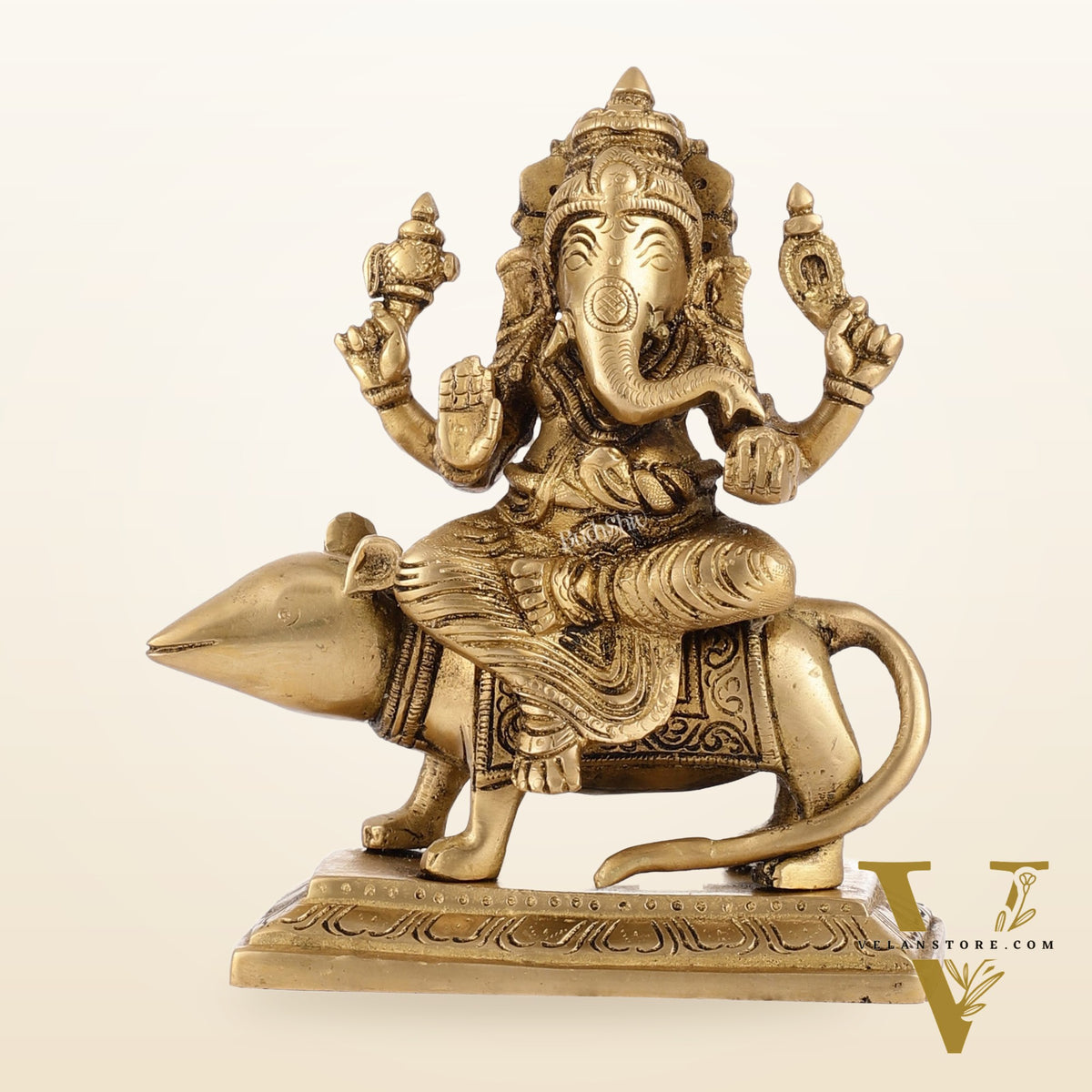 Brass Lord Ganesha Seated on a Mouse Idol | Height 7 inch
