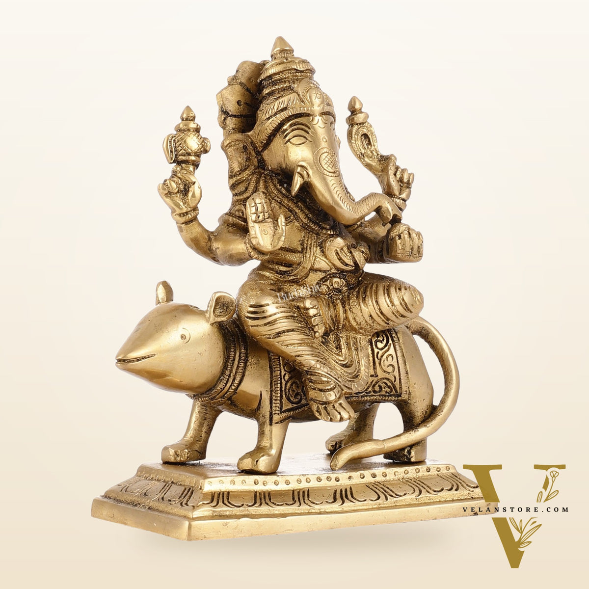 Brass Lord Ganesha Seated on a Mouse Idol | Height 7 inch