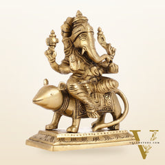 Brass Lord Ganesha Seated on a Mouse Idol | Height 7 inch
