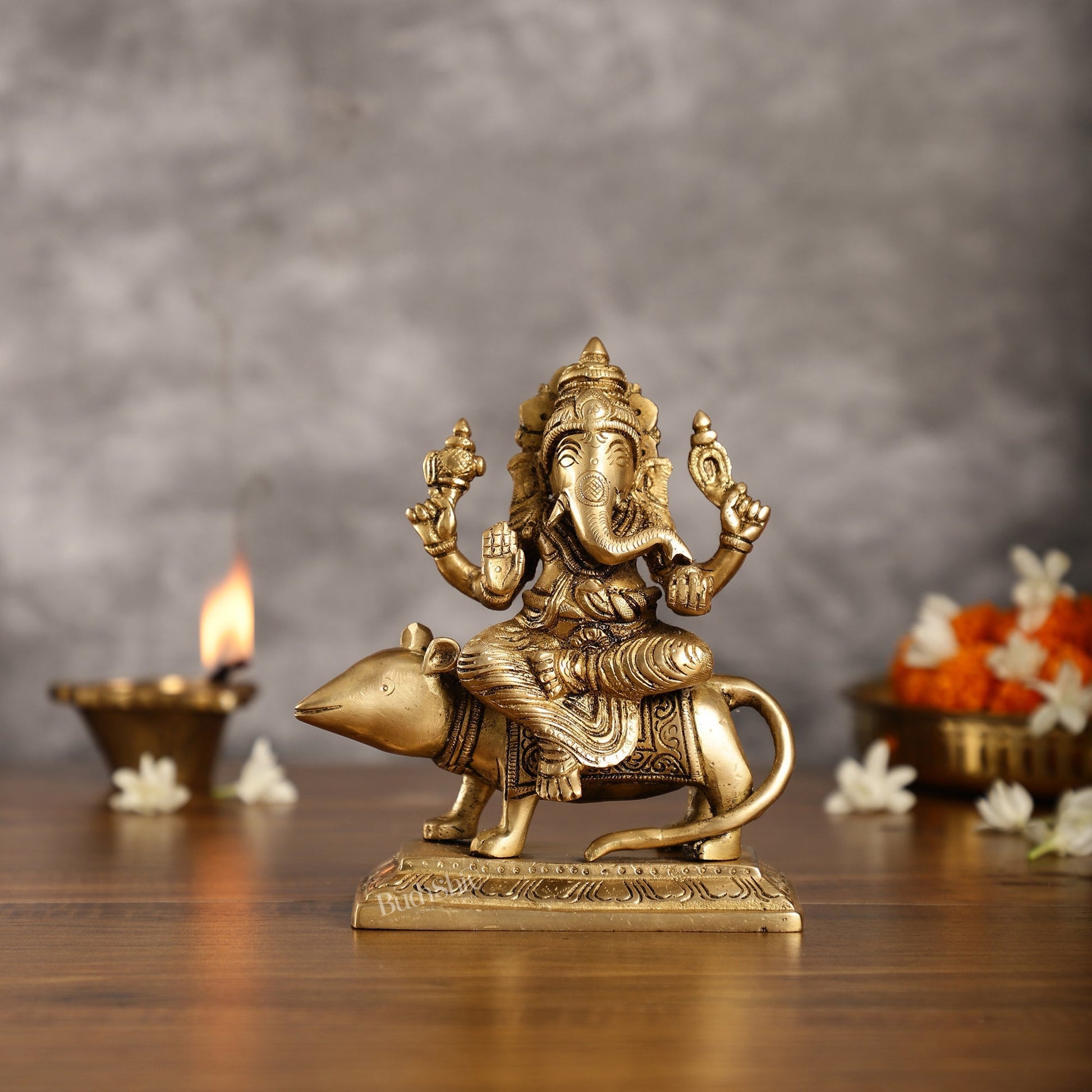 Brass Lord Ganesha Seated on a Mouse Idol | Height 7 inch