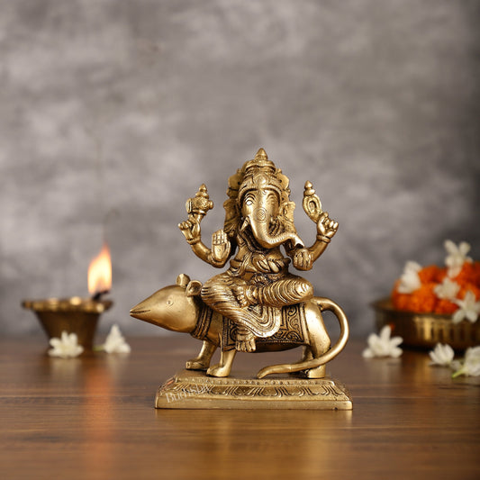 Brass Lord Ganesha Seated on a Mouse Idol | Height 7 inch