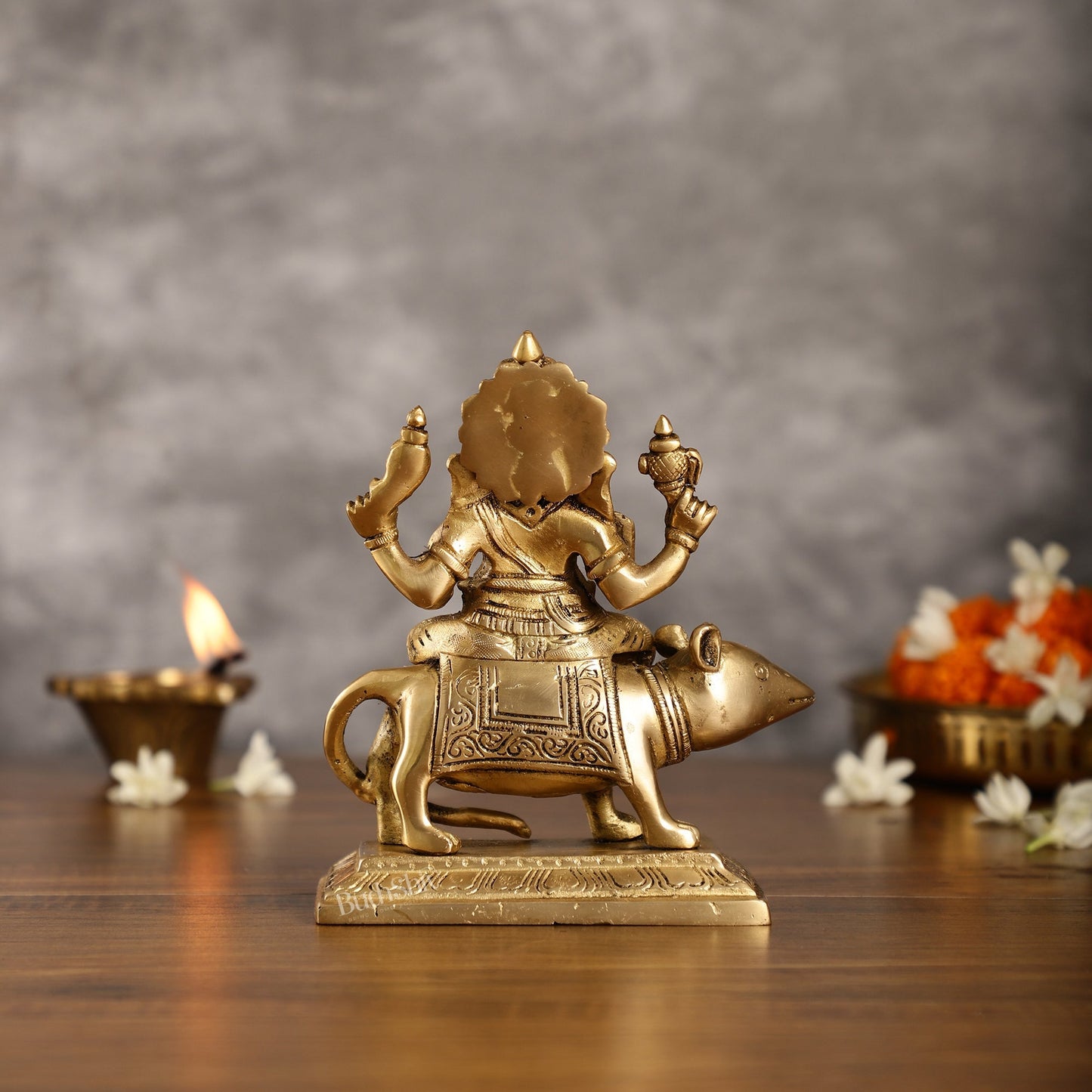 Brass Lord Ganesha Seated on a Mouse Idol | Height 7 inch