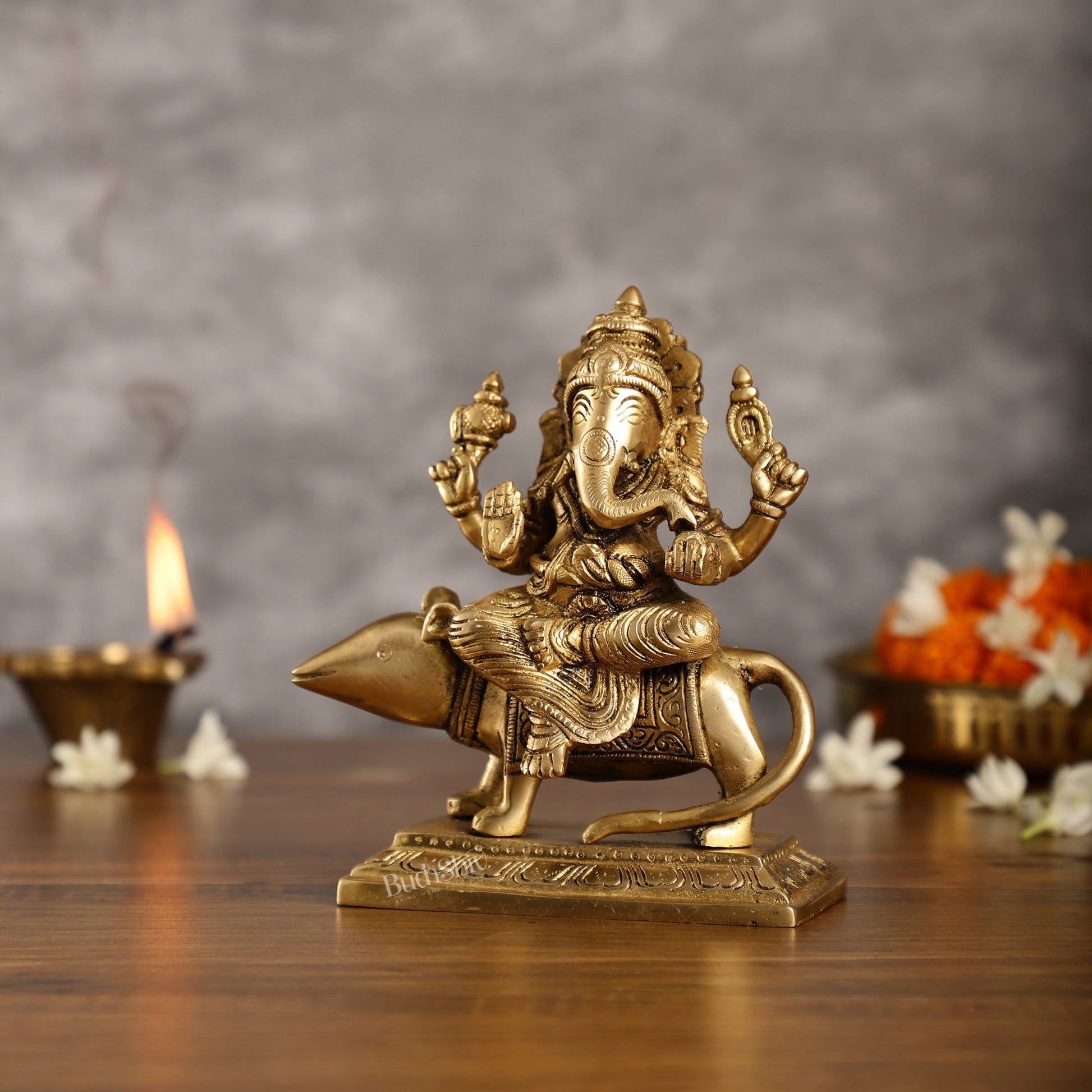 Brass Lord Ganesha Seated on a Mouse Idol | Height 7 inch
