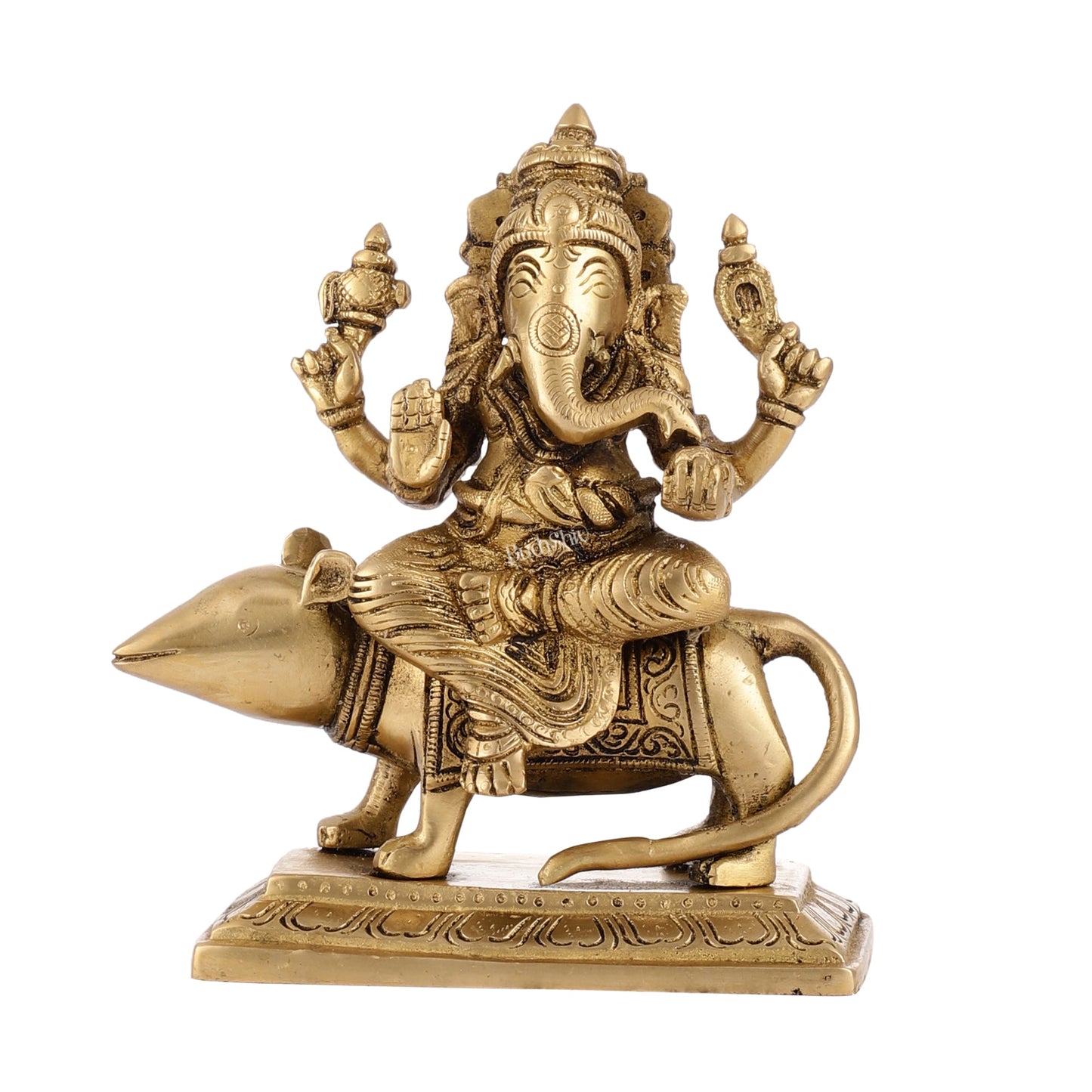 Brass Lord Ganesha Seated on a Mouse Idol | Height 7 inch
