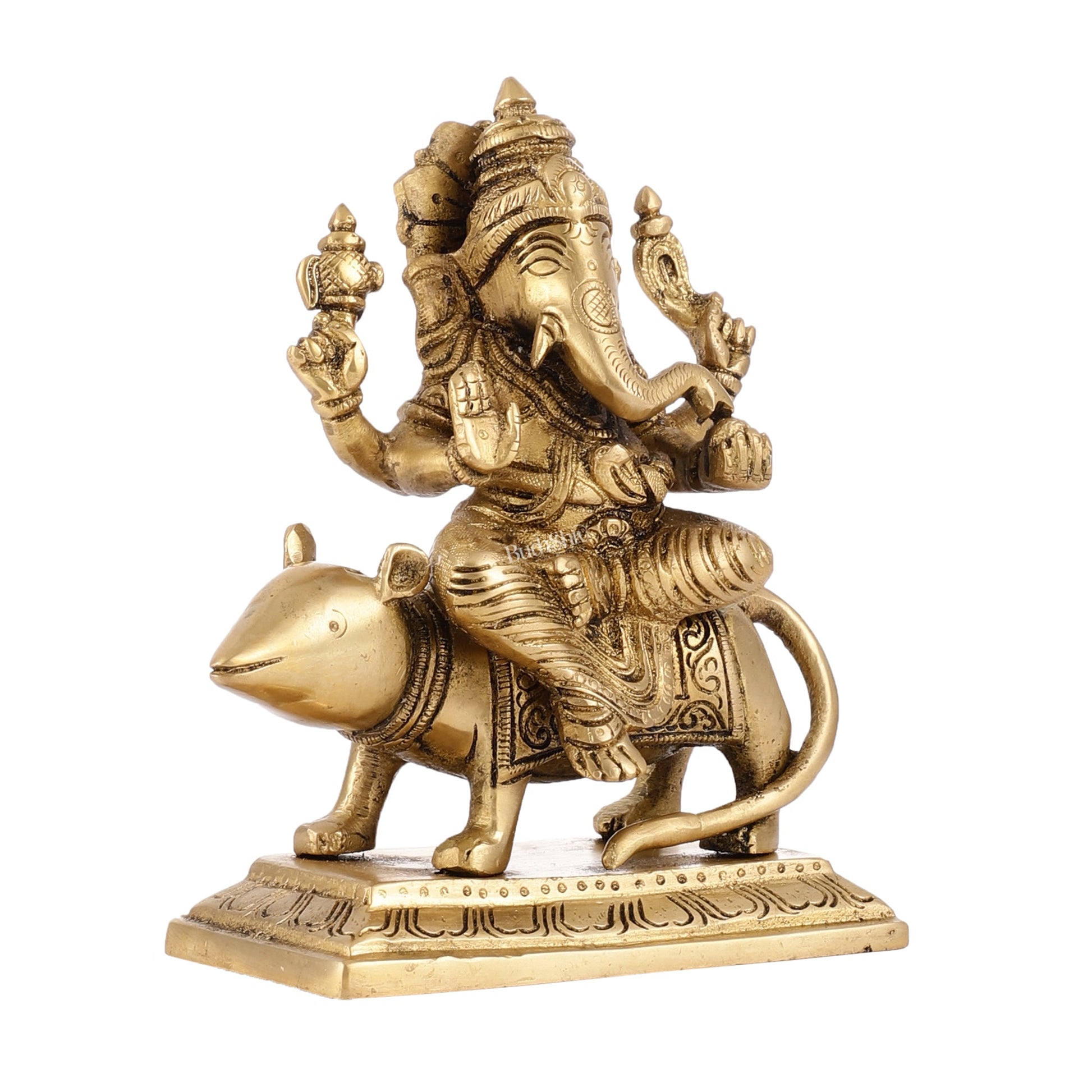 Brass Lord Ganesha Seated on a Mouse Idol | Height 7 inch