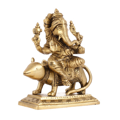 Brass Lord Ganesha Seated on a Mouse Idol | Height 7 inch