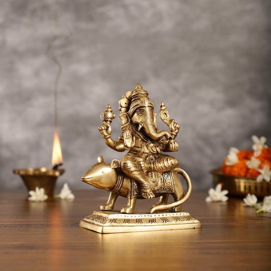Brass Lord Ganesha Seated on a Mouse Idol | Height 7 inch
