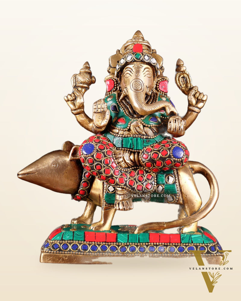 Brass Lord Ganesha Sitting on mooshak Idol | Height 7 inch