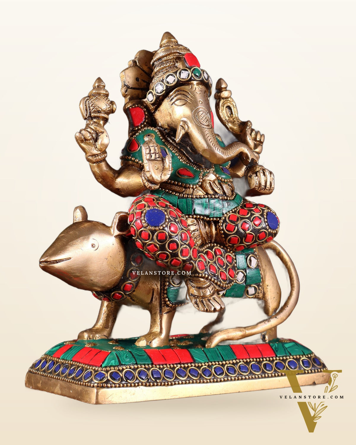 Brass Lord Ganesha Sitting on mooshak Idol | Height 7 inch