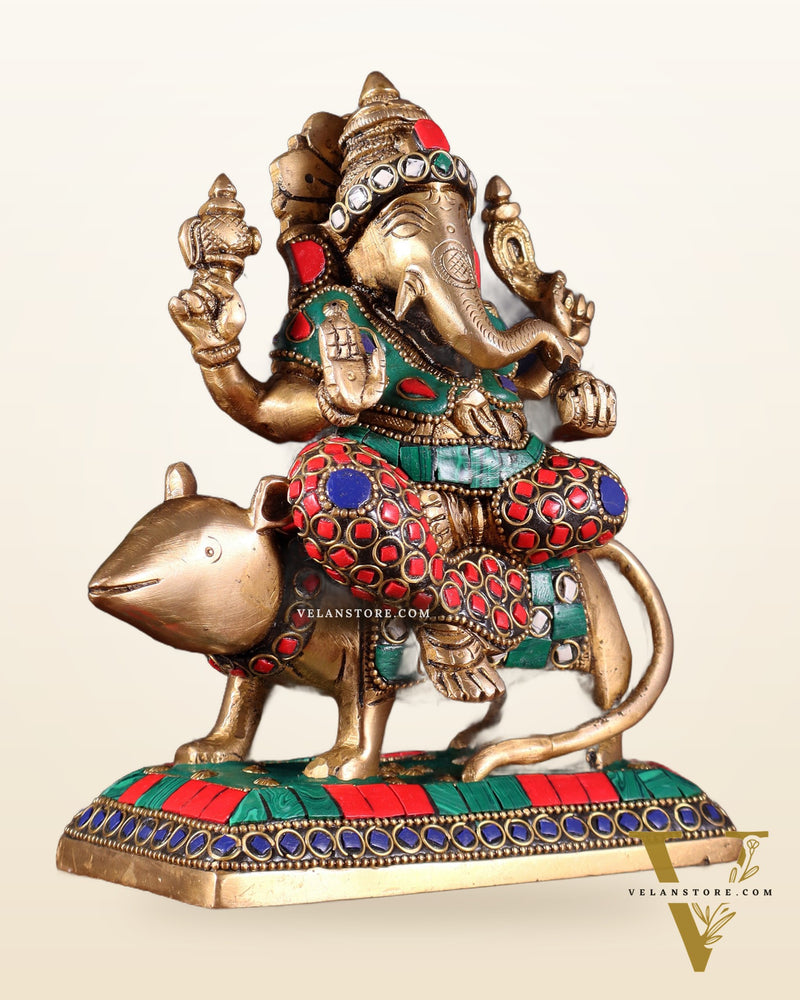 Brass Lord Ganesha Sitting on mooshak Idol | Height 7 inch