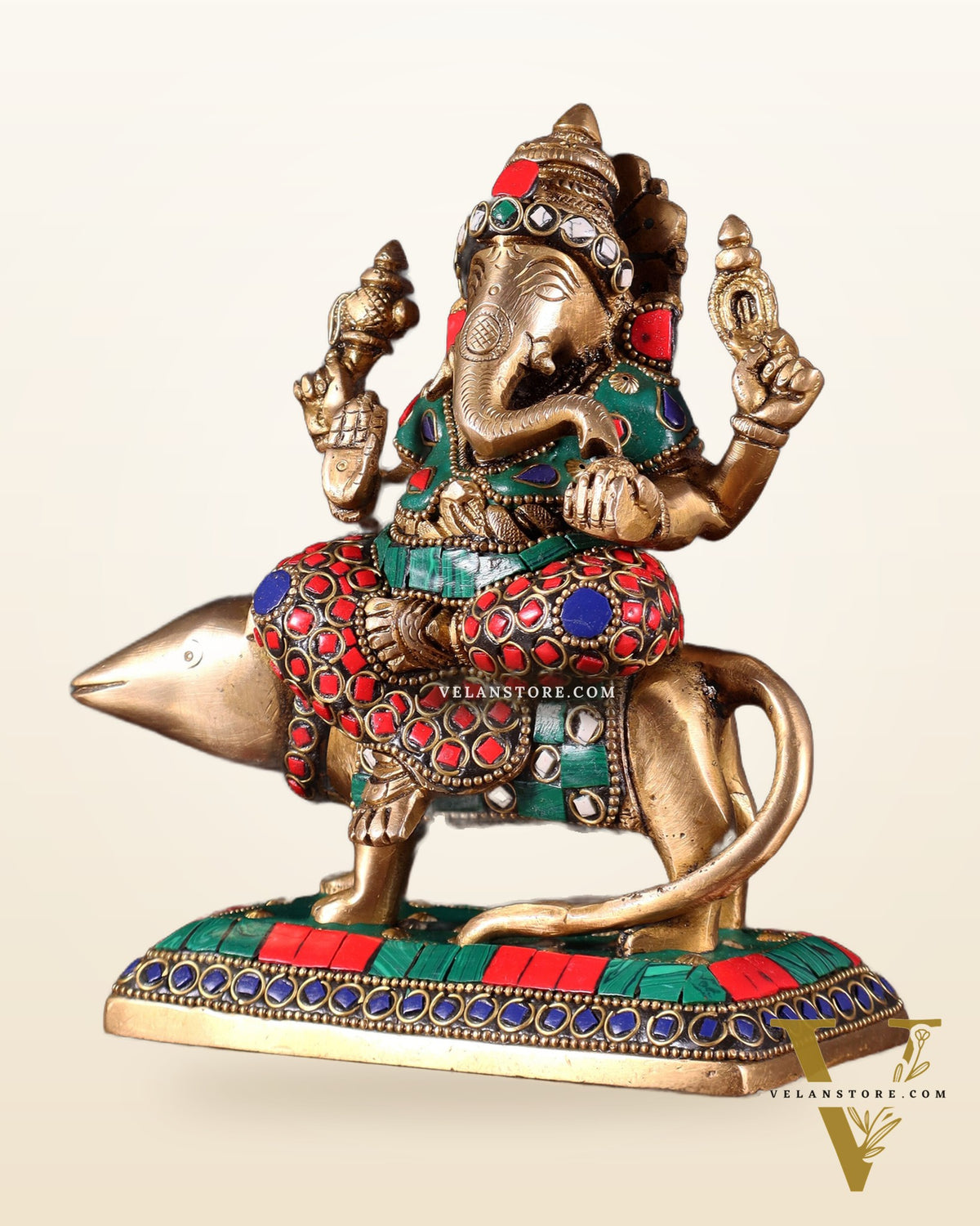 Brass Lord Ganesha Sitting on mooshak Idol | Height 7 inch