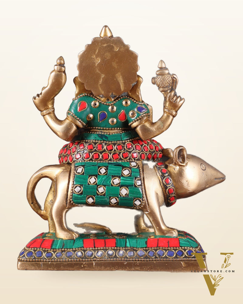 Brass Lord Ganesha Sitting on mooshak Idol | Height 7 inch