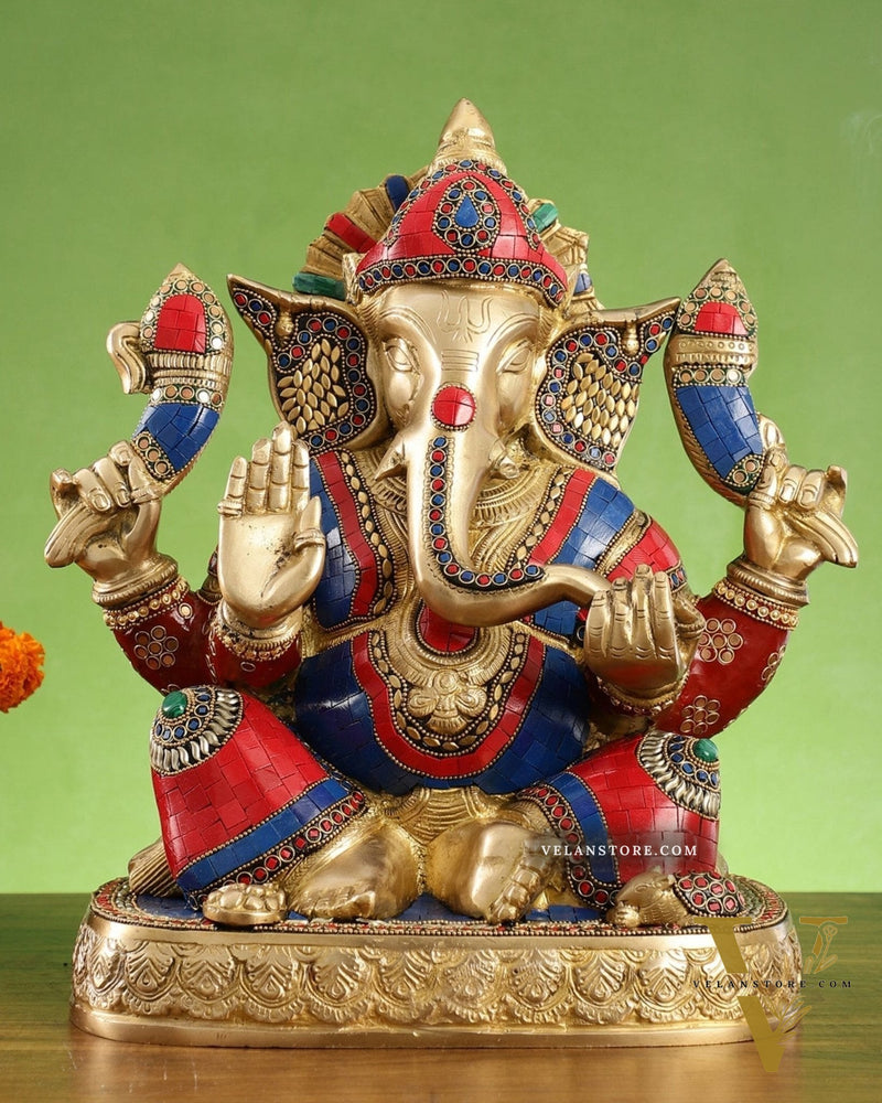 Brass Lord Ganesha Statue 15 inch with stonework